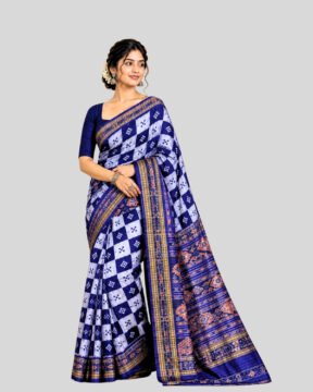Handloom Nuapatana Khandua Pasapali Box Mulberry Silk Saree – Navy Blue & Silver Ikat